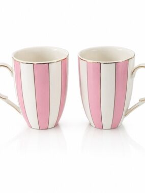 Grace Teaware Pink & White Striped Mug Set – Gold Trim (Set of 2)